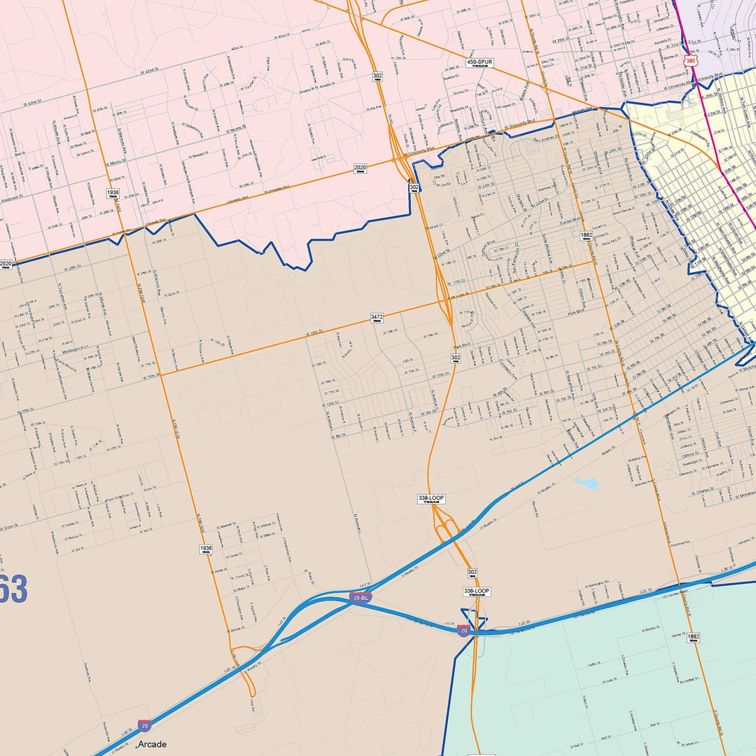 Color Cast Zip Code Style Wall Map of Odessa, TX