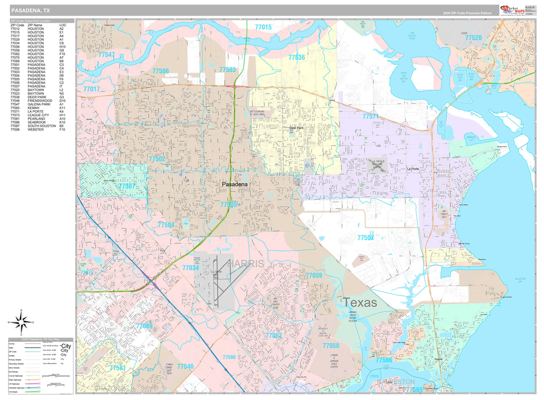 Premium Style Wall Map of Pasadena, TX