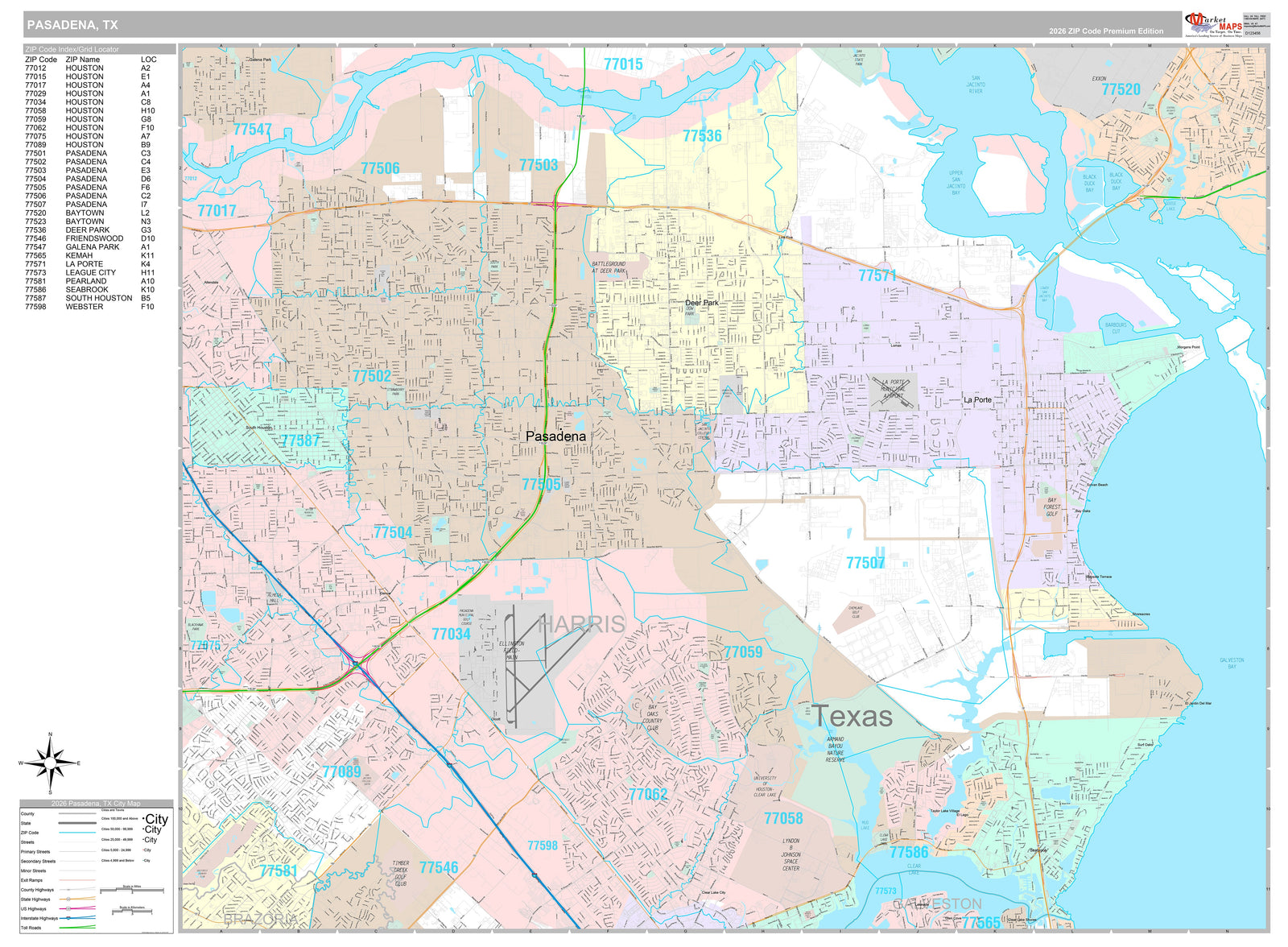 Premium Style Wall Map of Pasadena, TX