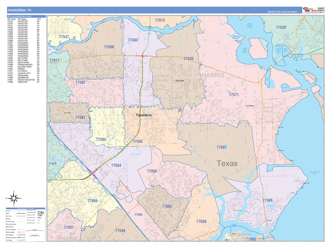 Color Cast Zip Code Style Wall Map of Pasadena, TX