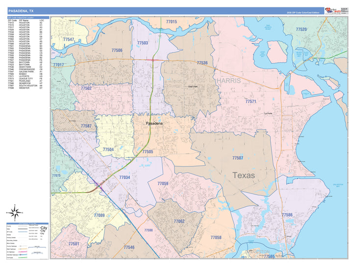 Color Cast Zip Code Style Wall Map of Pasadena, TX