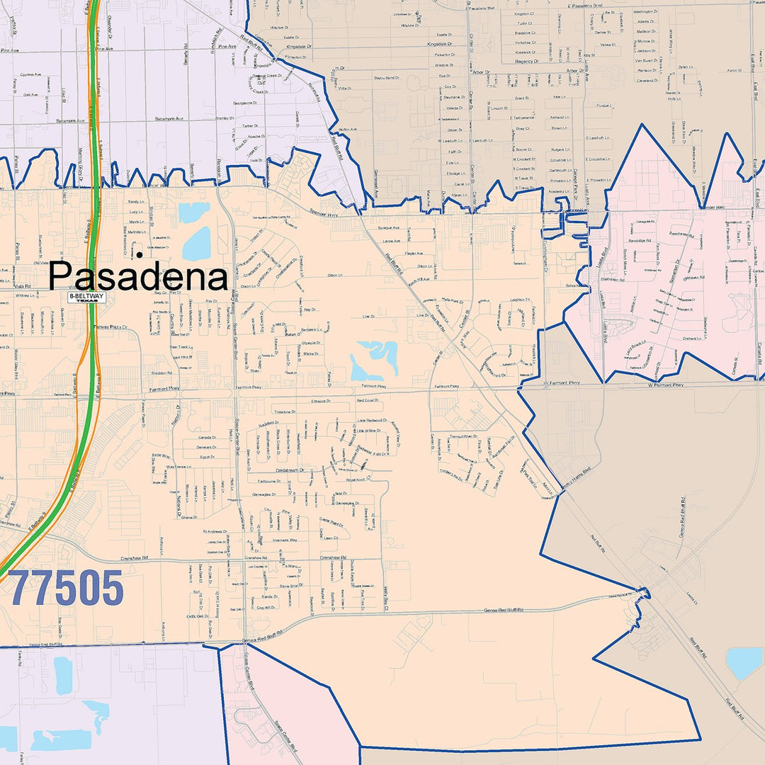 Color Cast Zip Code Style Wall Map of Pasadena, TX