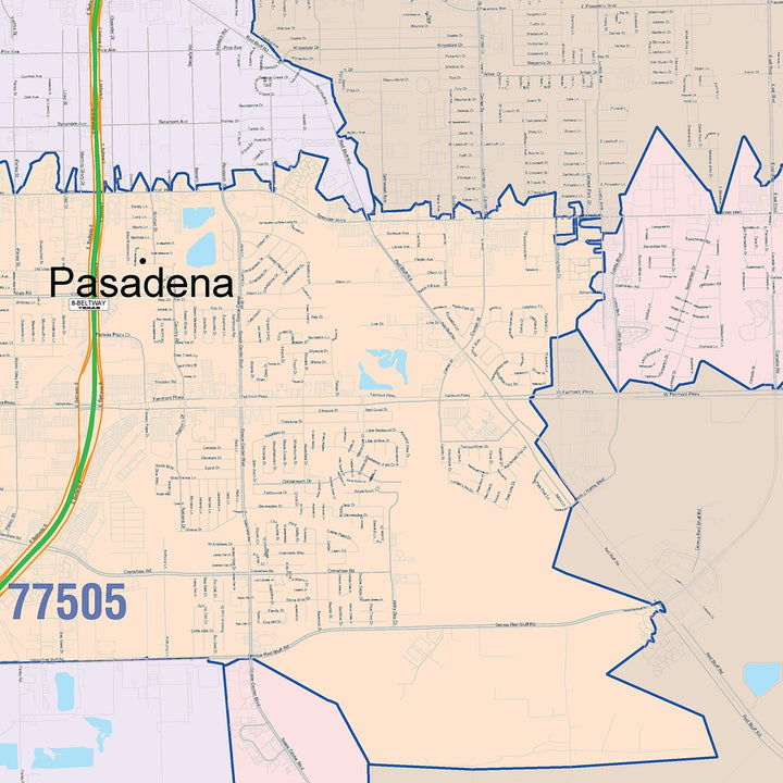 Color Cast Zip Code Style Wall Map of Pasadena, TX