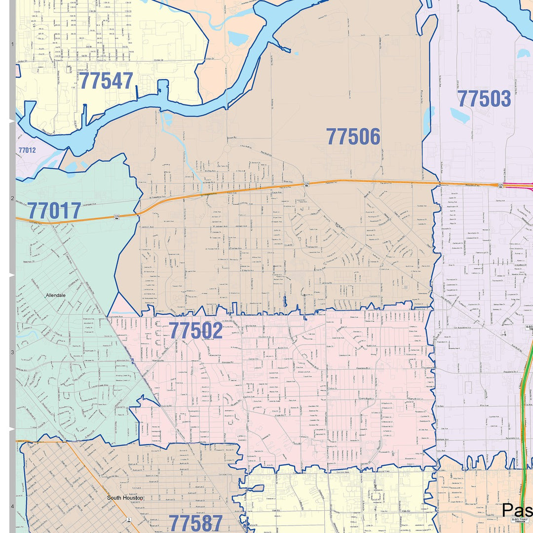 Color Cast Zip Code Style Wall Map of Pasadena, TX