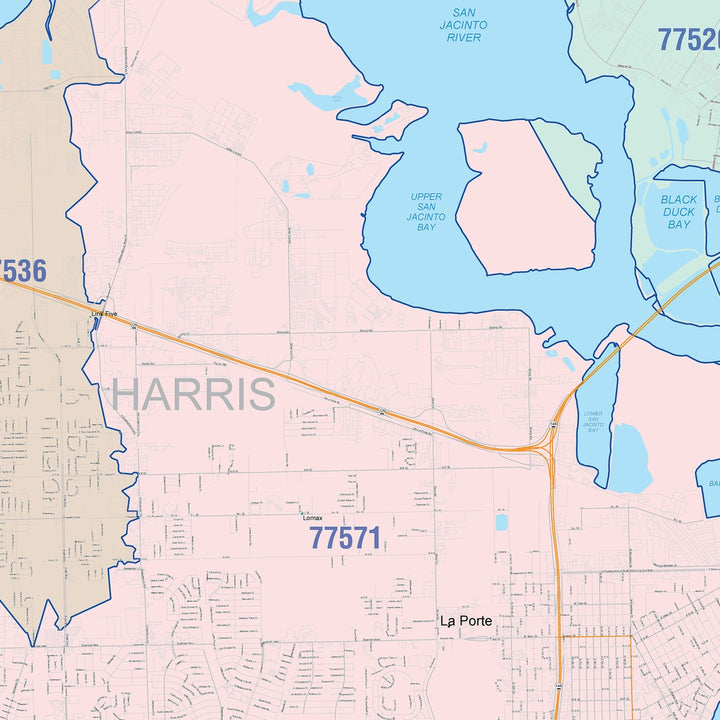 Color Cast Zip Code Style Wall Map of Pasadena, TX