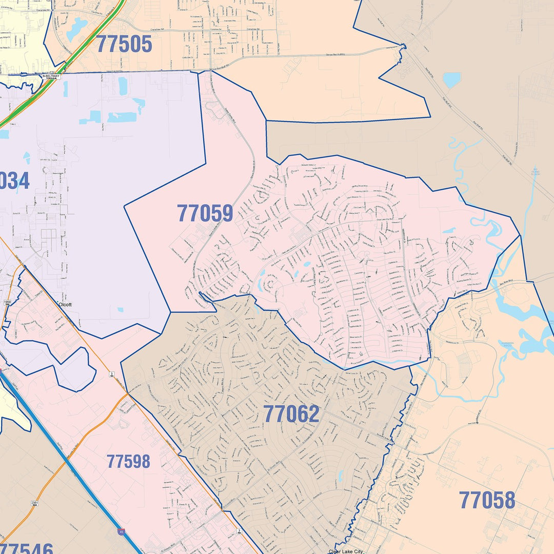 Color Cast Zip Code Style Wall Map of Pasadena, TX