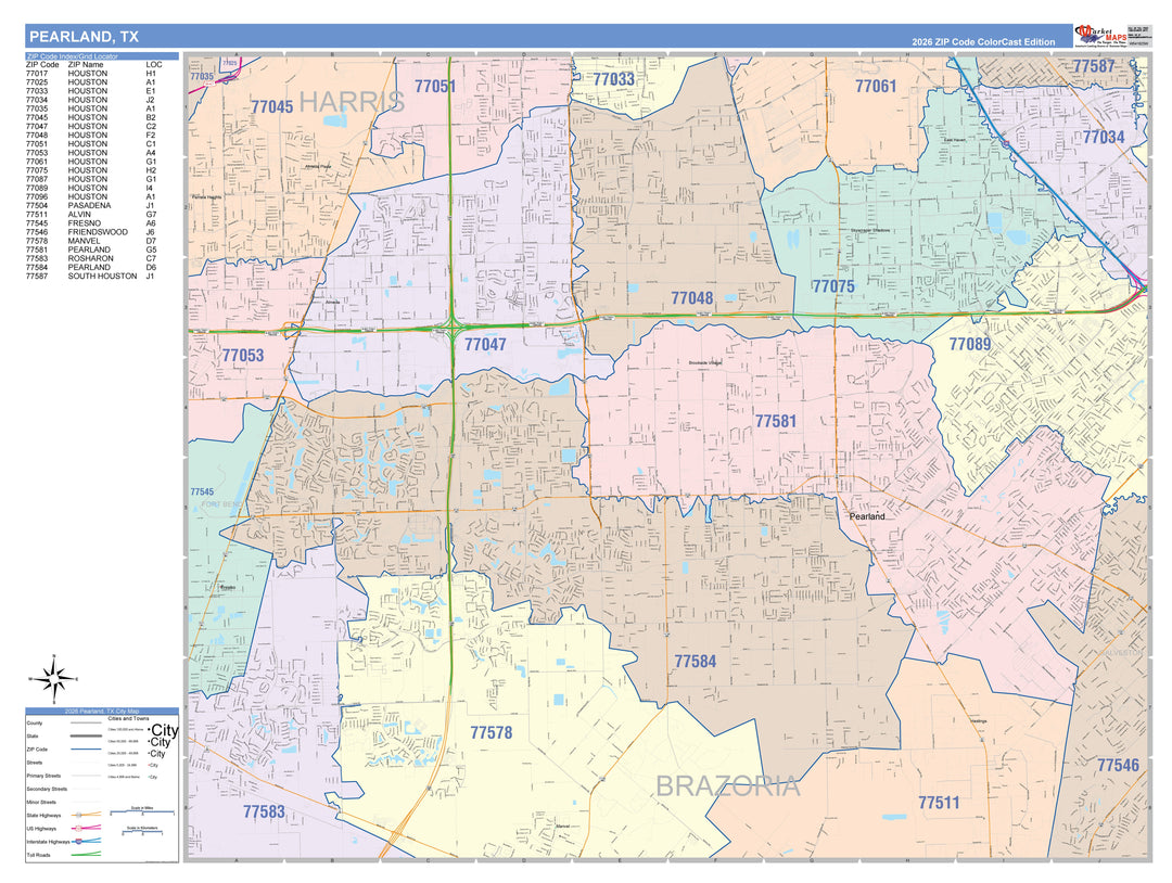 Color Cast Zip Code Style Wall Map of Pearland, TX