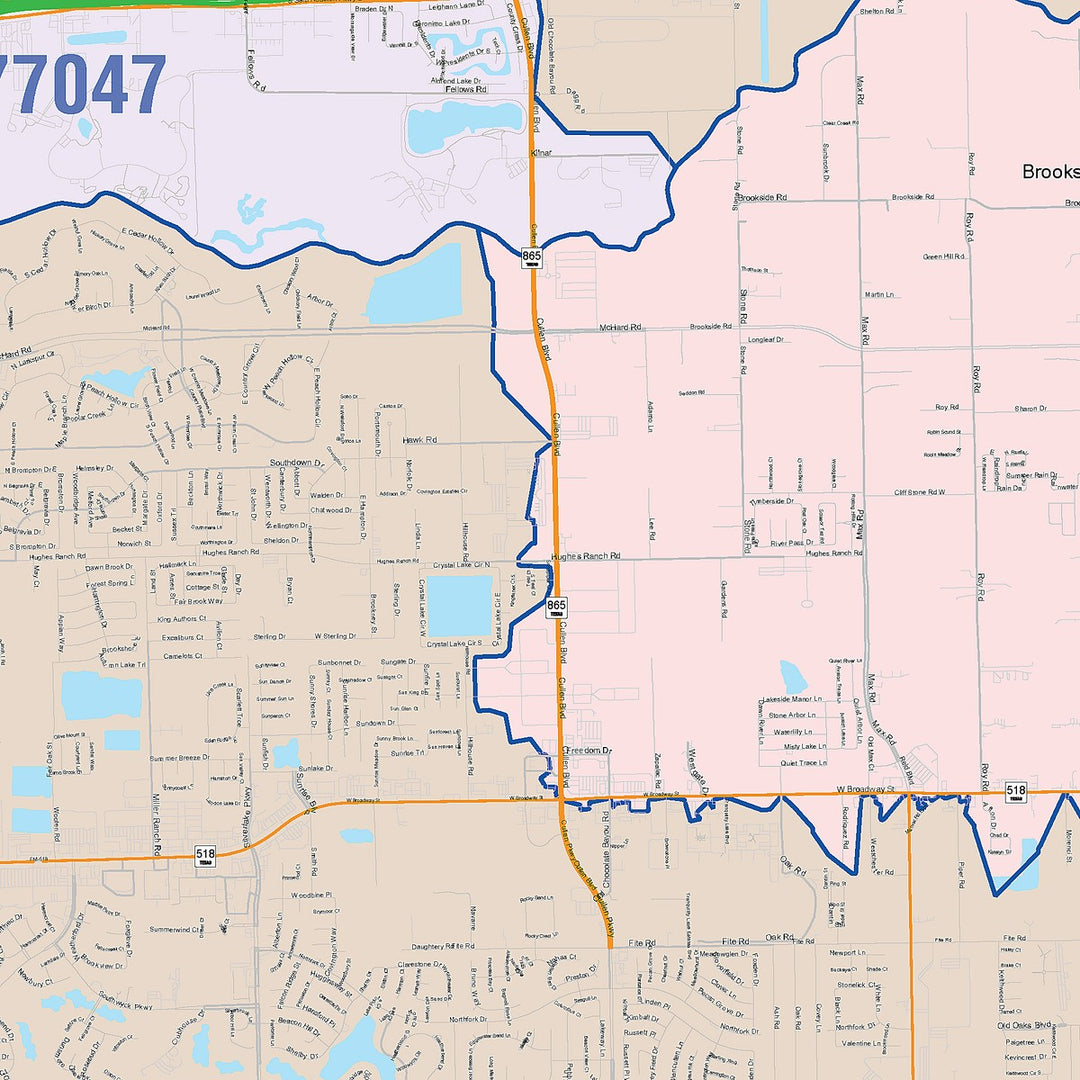 Color Cast Zip Code Style Wall Map of Pearland, TX