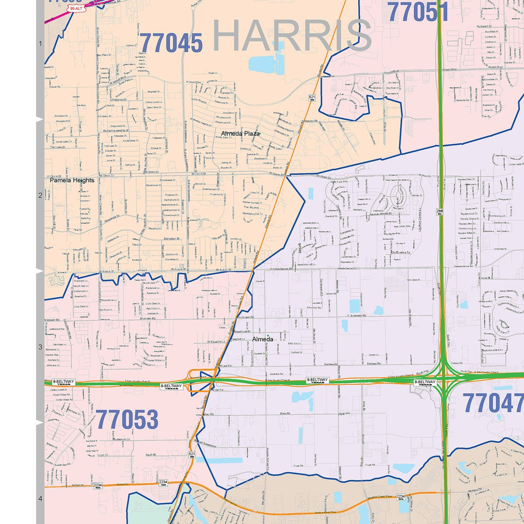 Color Cast Zip Code Style Wall Map of Pearland, TX
