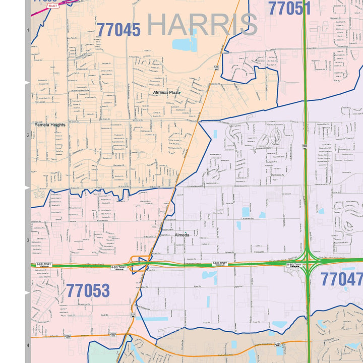 Color Cast Zip Code Style Wall Map of Pearland, TX
