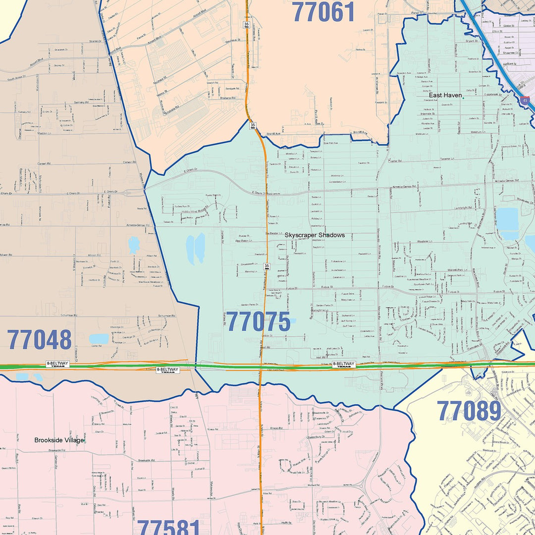 Color Cast Zip Code Style Wall Map of Pearland, TX