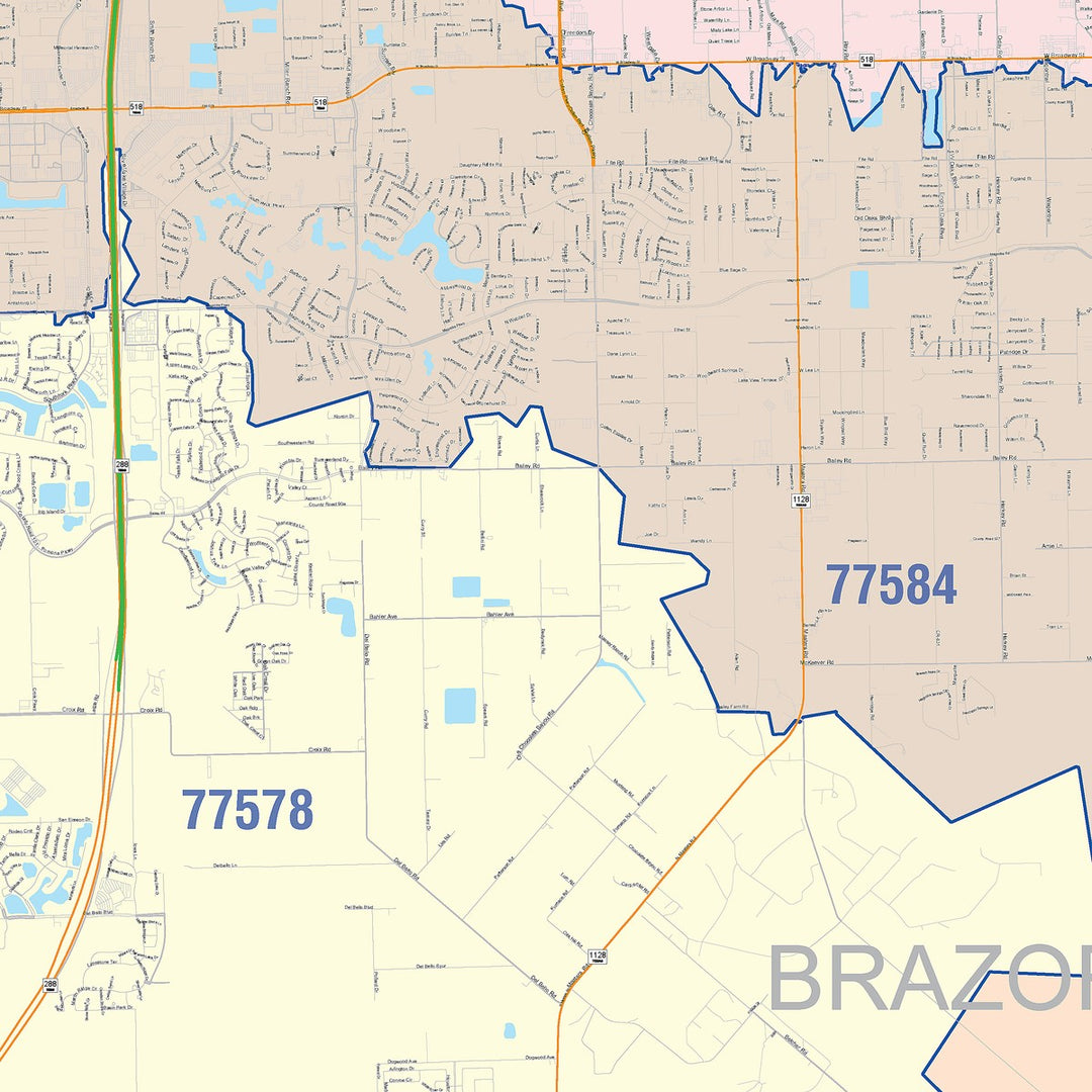 Color Cast Zip Code Style Wall Map of Pearland, TX