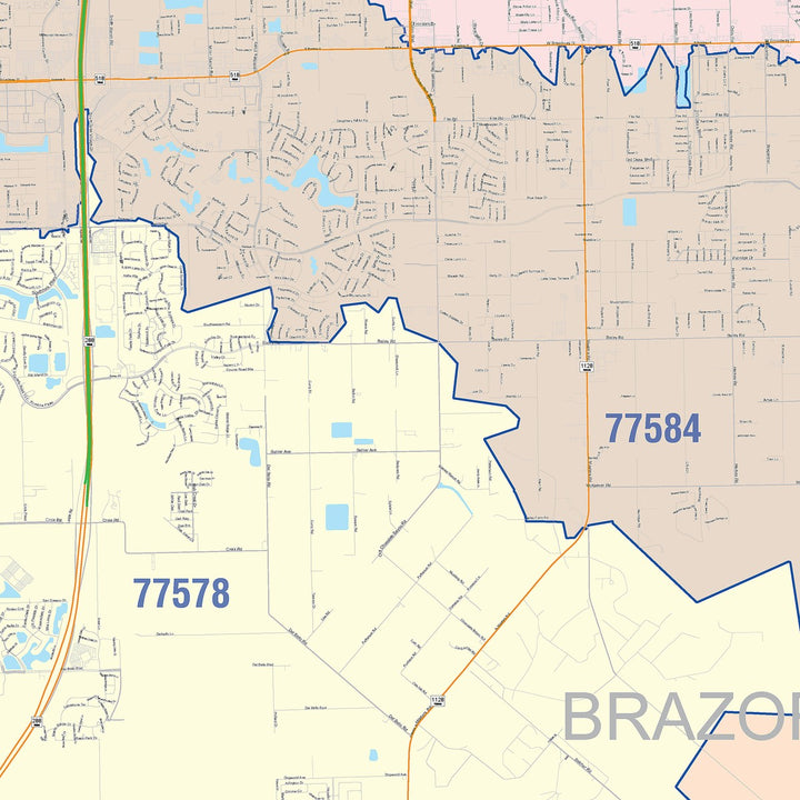 Color Cast Zip Code Style Wall Map of Pearland, TX