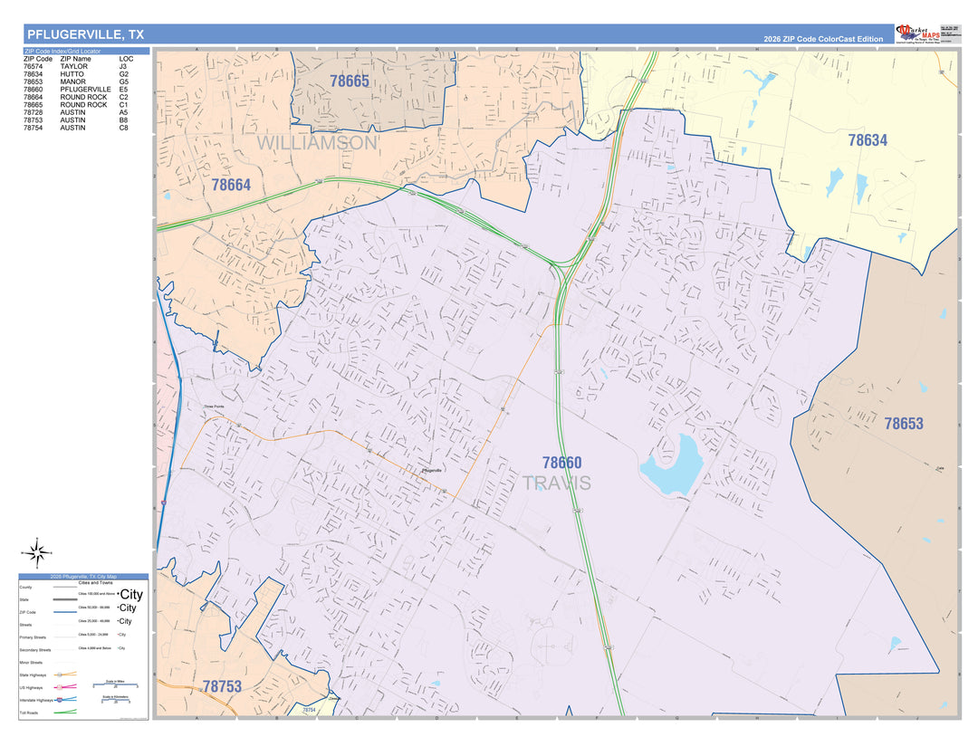 Color Cast Zip Code Style Wall Map of Pflugerville, TX