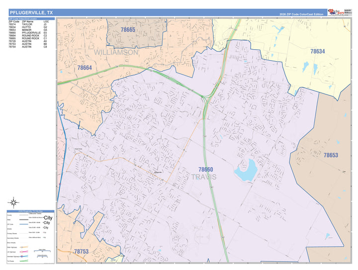 Color Cast Zip Code Style Wall Map of Pflugerville, TX