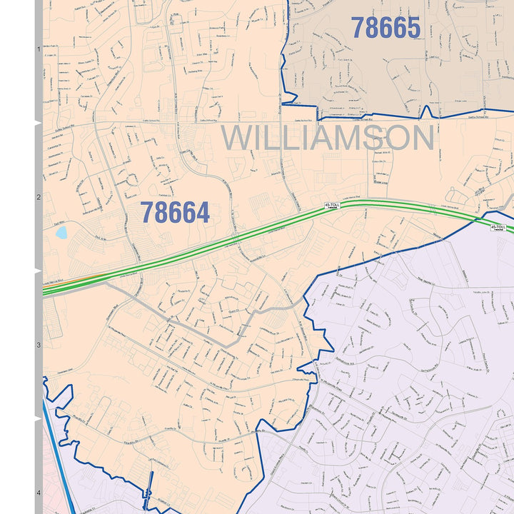 Color Cast Zip Code Style Wall Map of Pflugerville, TX