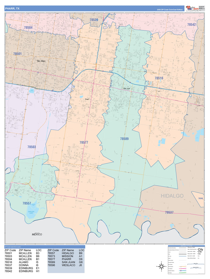 Color Cast Zip Code Style Wall Map of Pharr, TX