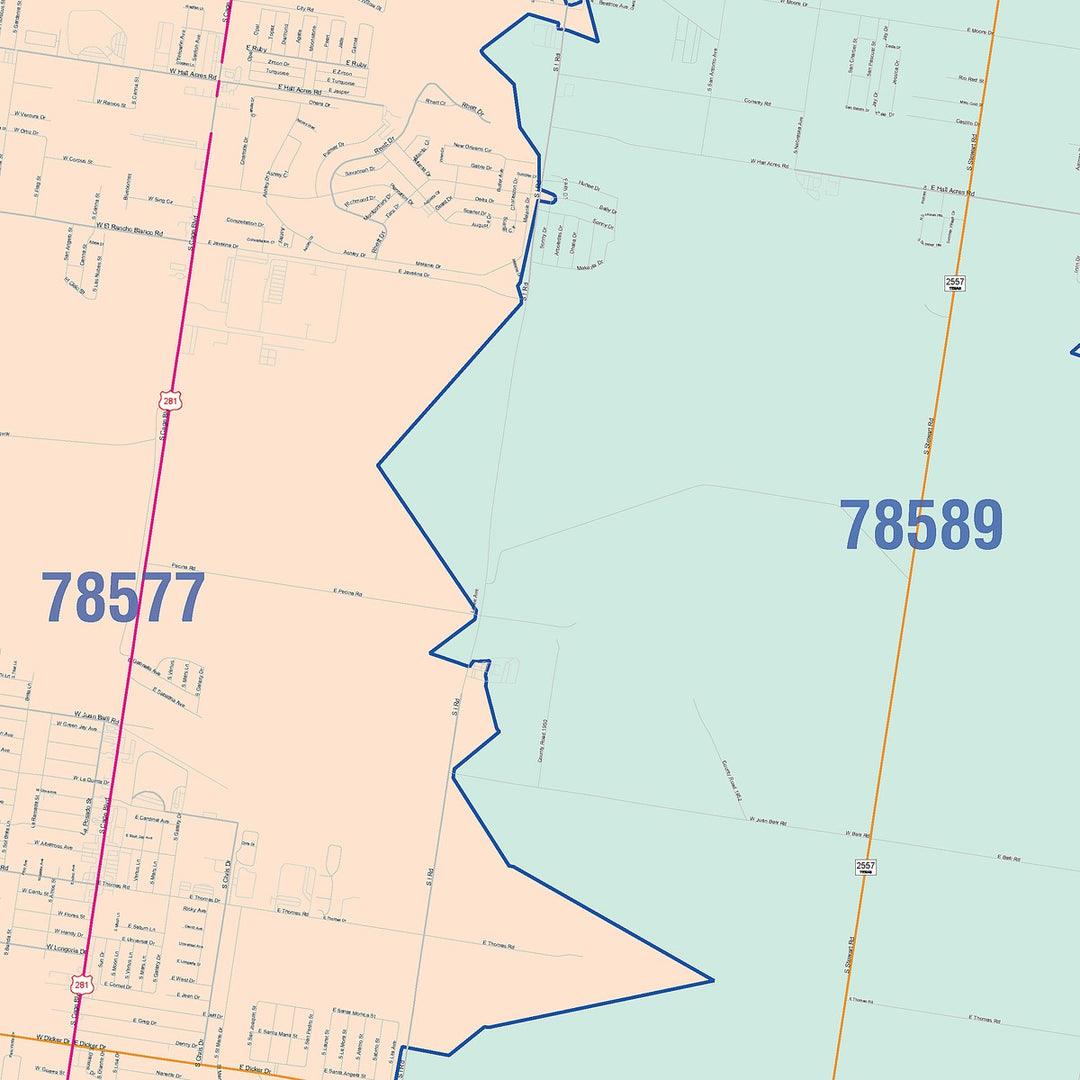 Color Cast Zip Code Style Wall Map of Pharr, TX