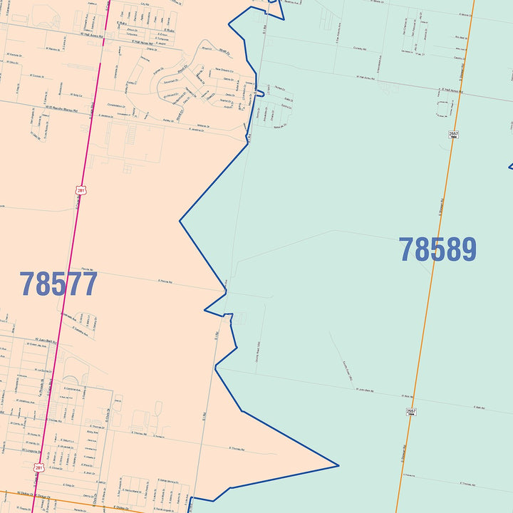 Color Cast Zip Code Style Wall Map of Pharr, TX