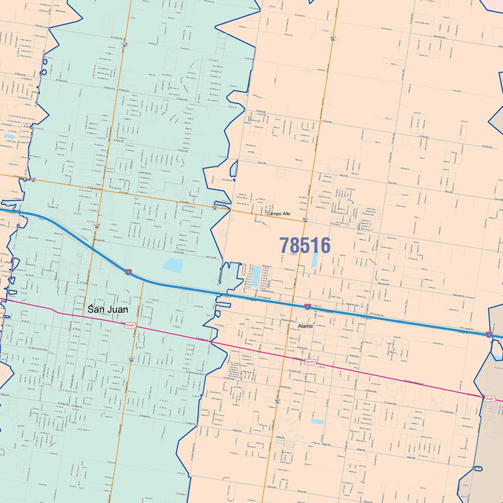 Color Cast Zip Code Style Wall Map of Pharr, TX