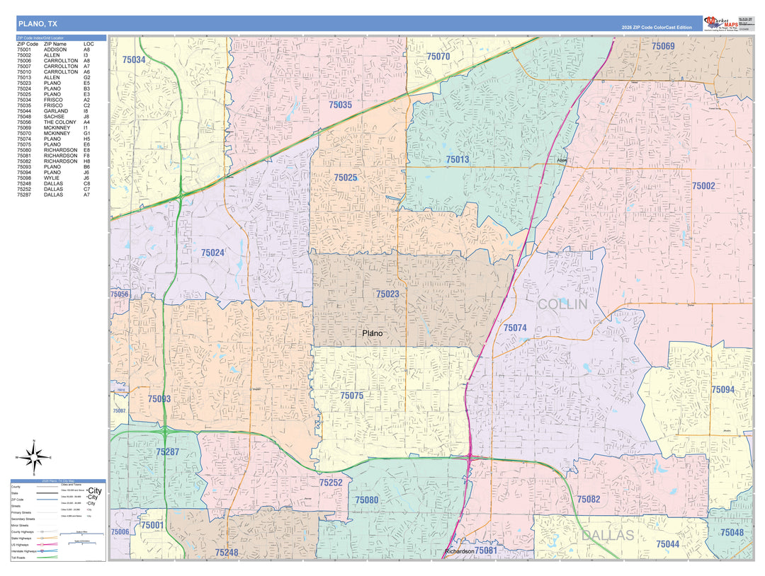 Color Cast Zip Code Style Wall Map of Plano, TX