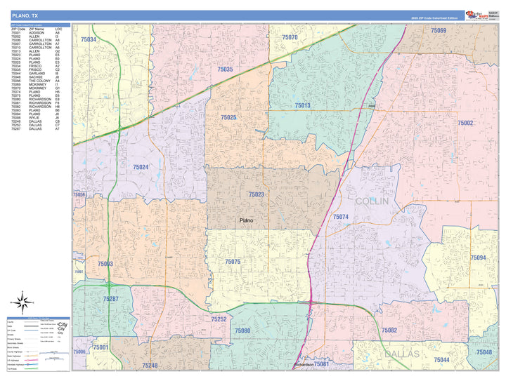 Color Cast Zip Code Style Wall Map of Plano, TX