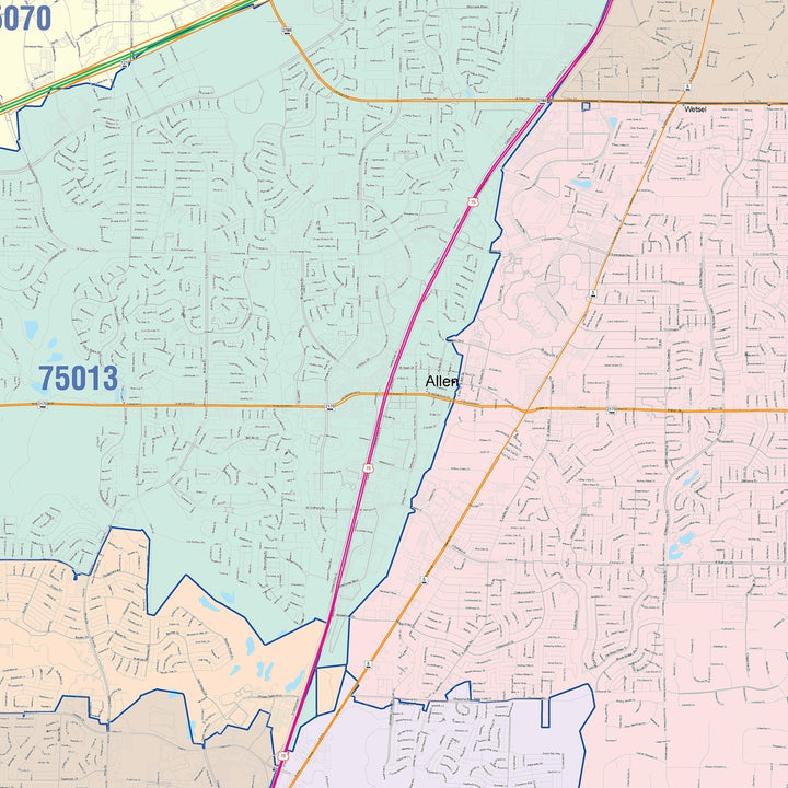 Color Cast Zip Code Style Wall Map of Plano, TX