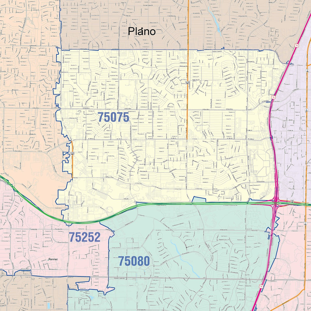 Color Cast Zip Code Style Wall Map of Plano, TX