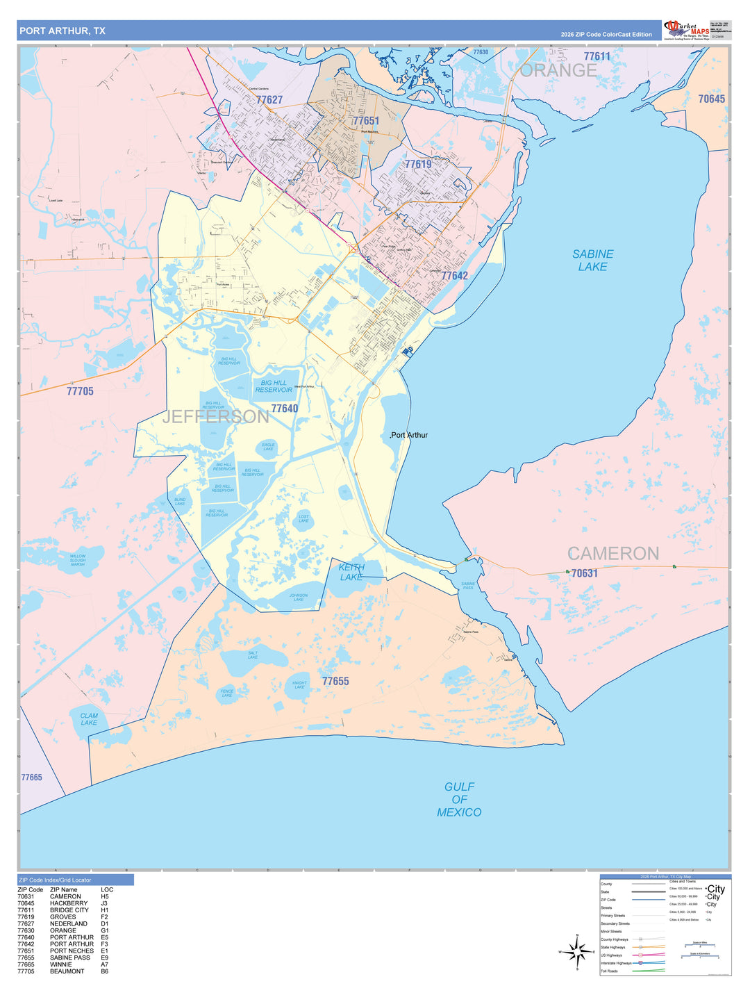 Color Cast Zip Code Style Wall Map of Port Arthur, TX