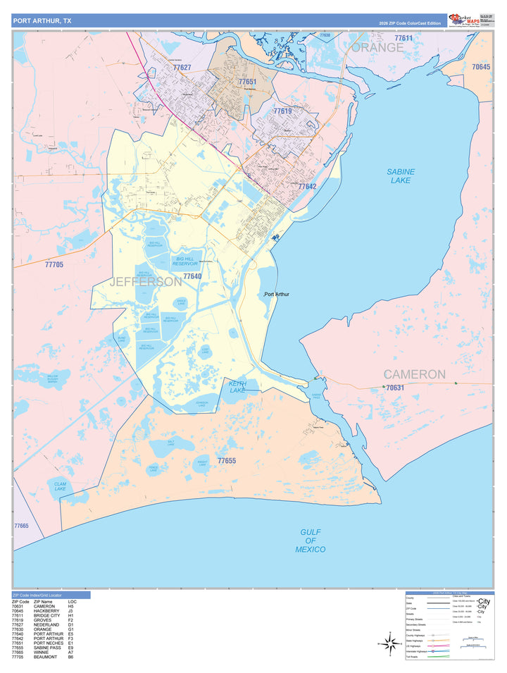 Color Cast Zip Code Style Wall Map of Port Arthur, TX