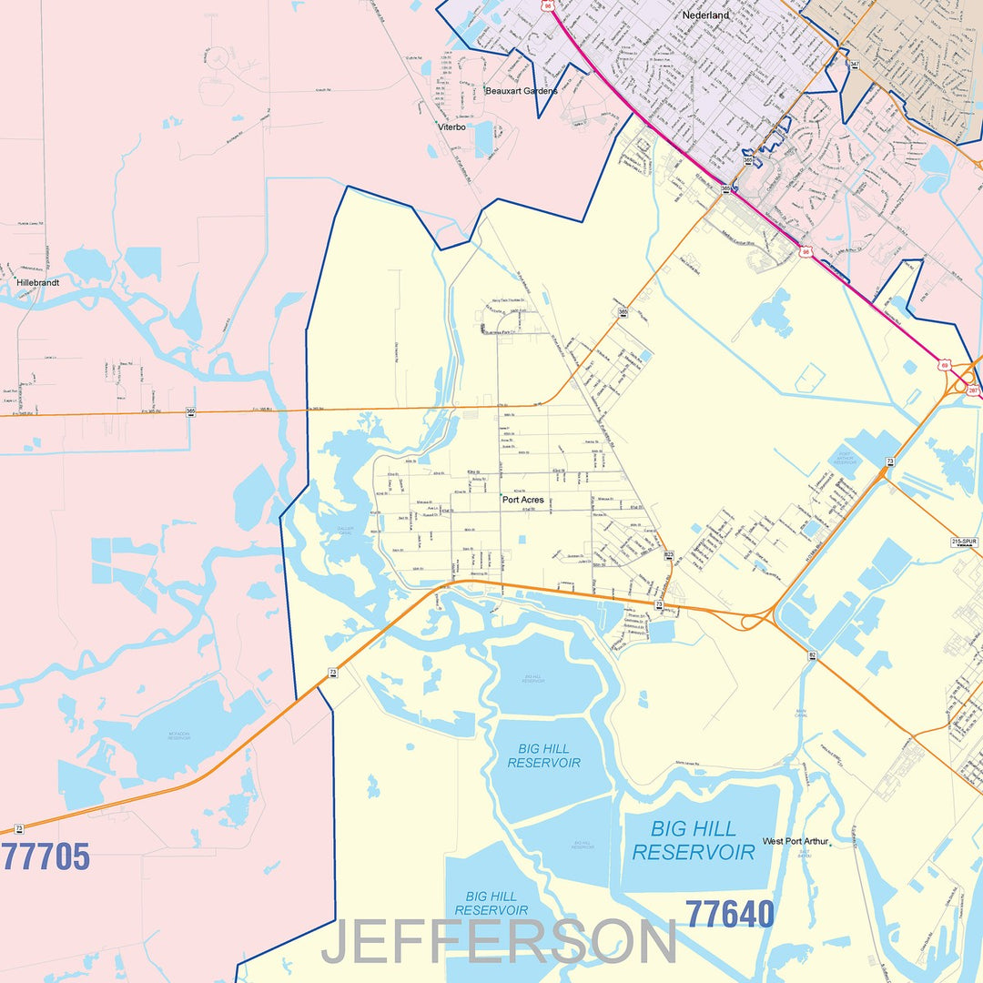 Color Cast Zip Code Style Wall Map of Port Arthur, TX