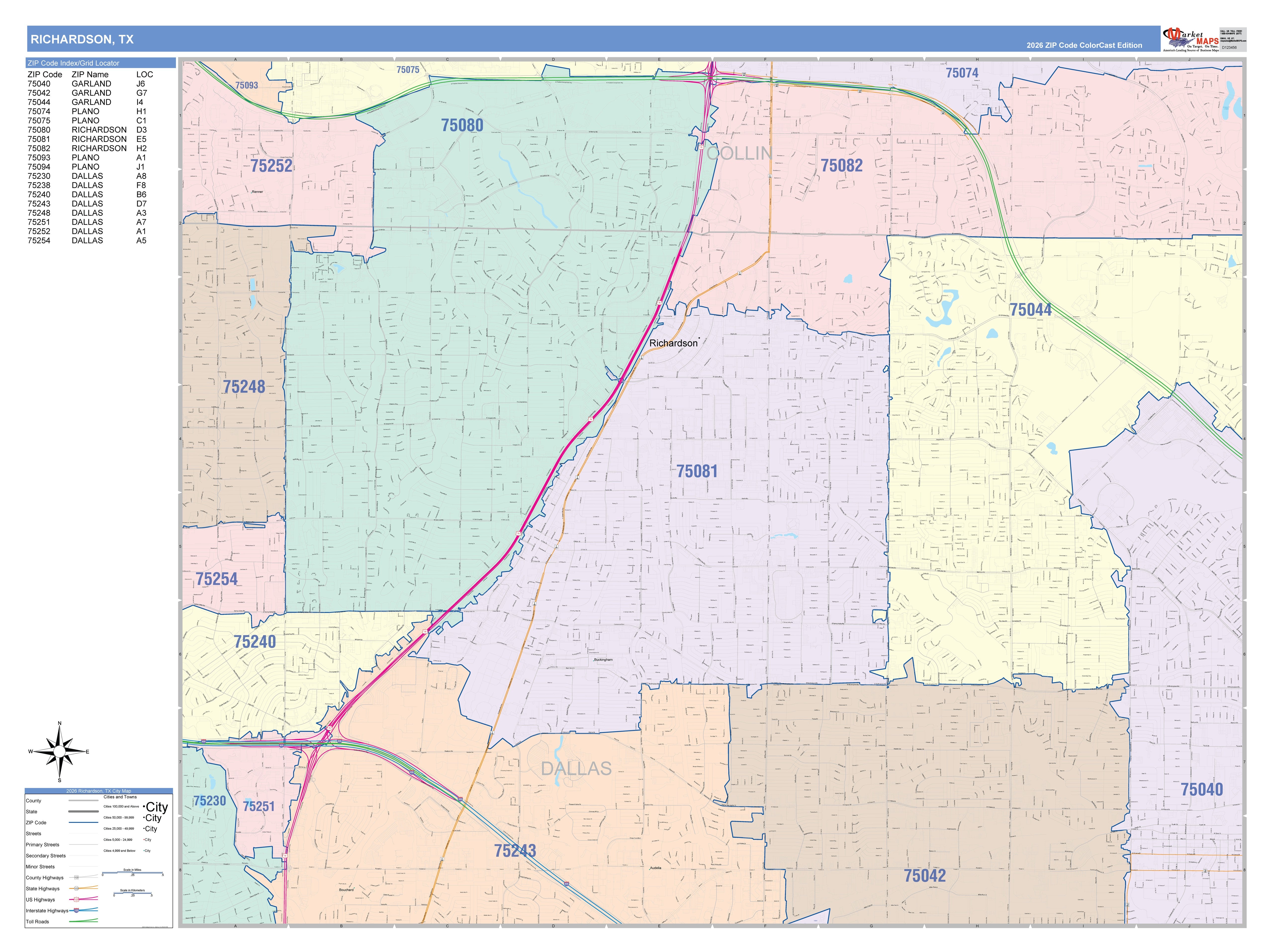 Color Cast Zip Code Style Wall Map of Richardson, TX – American Map Store
