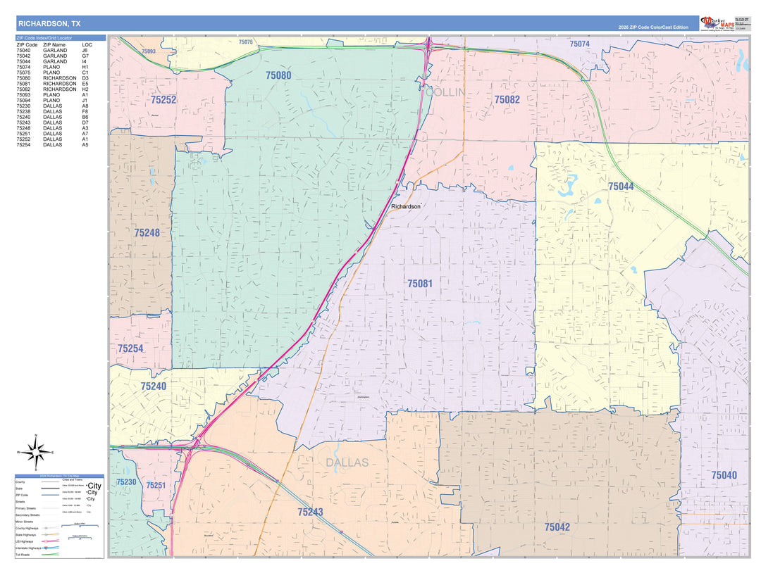 Color Cast Zip Code Style Wall Map of Richardson, TX