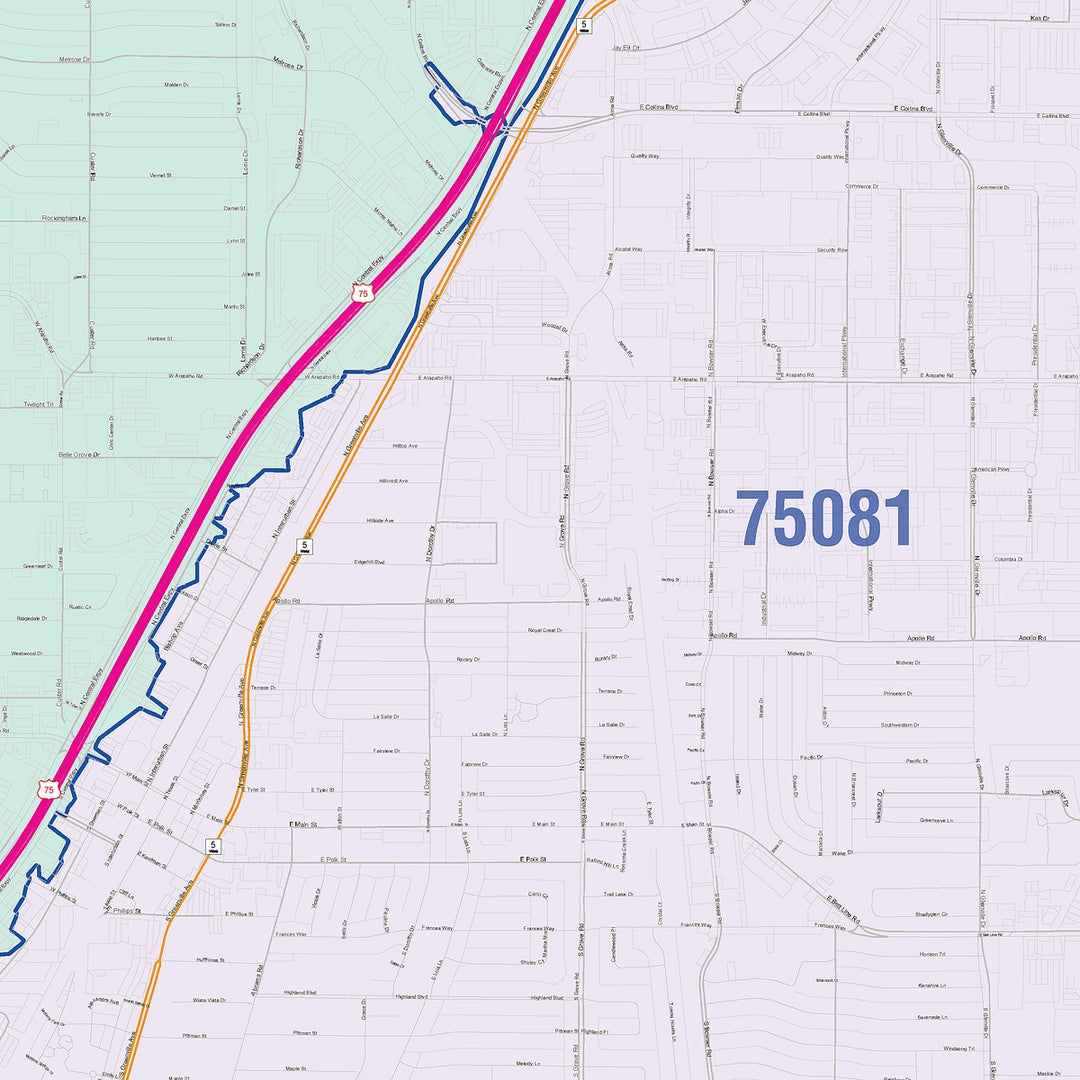 Color Cast Zip Code Style Wall Map of Richardson, TX