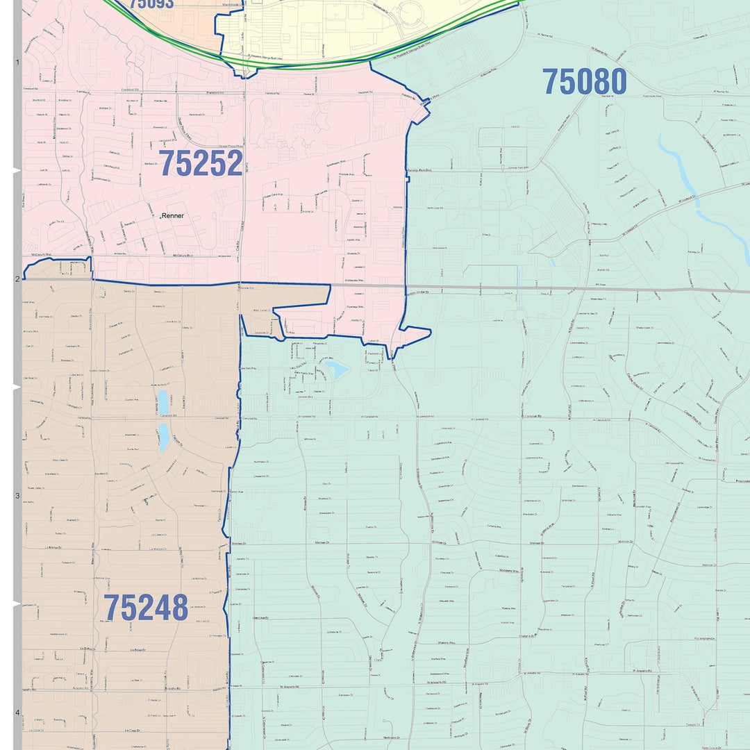 Color Cast Zip Code Style Wall Map of Richardson, TX