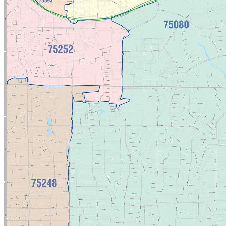 Color Cast Zip Code Style Wall Map of Richardson, TX