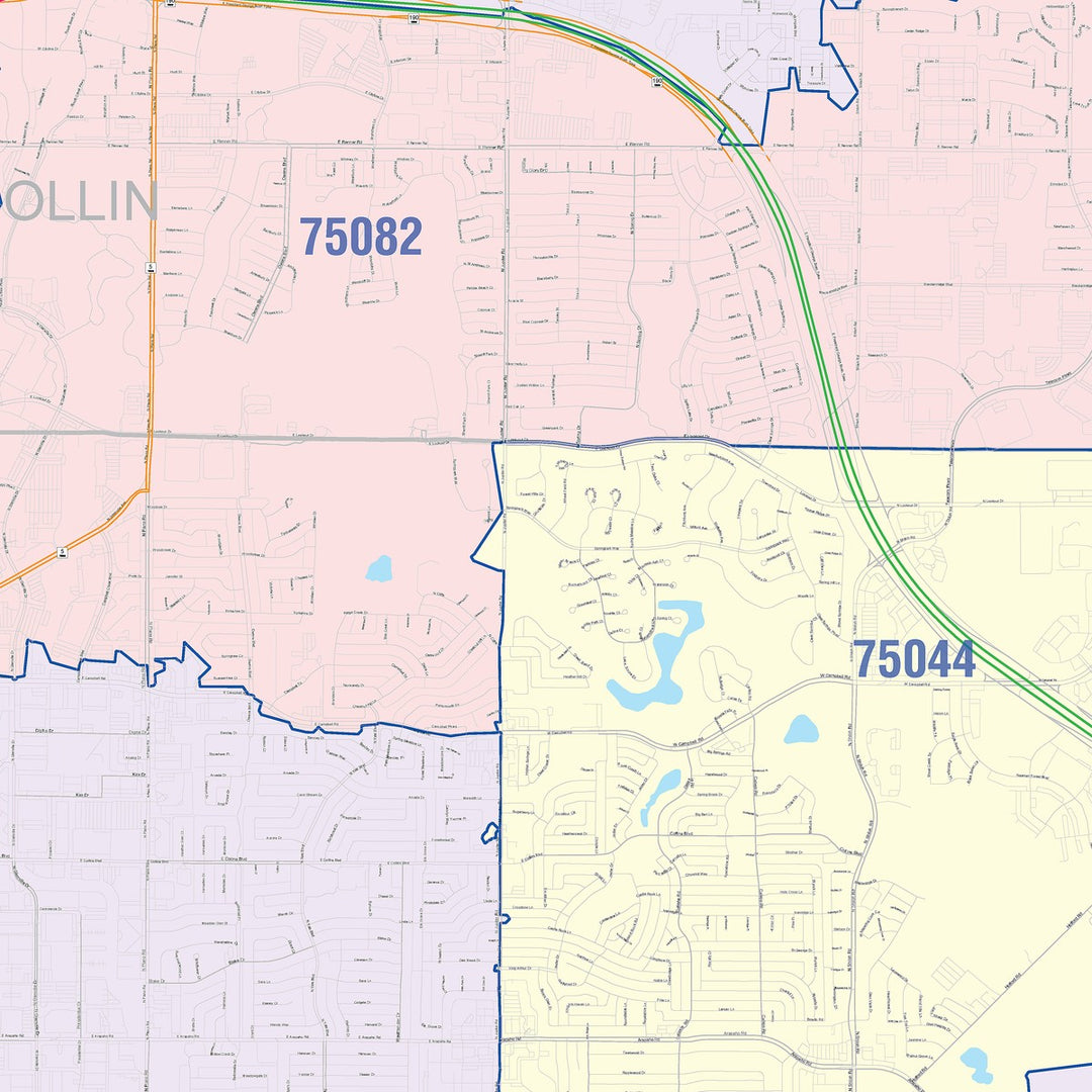 Color Cast Zip Code Style Wall Map of Richardson, TX