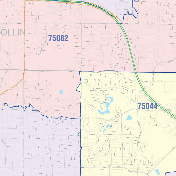 Color Cast Zip Code Style Wall Map of Richardson, TX
