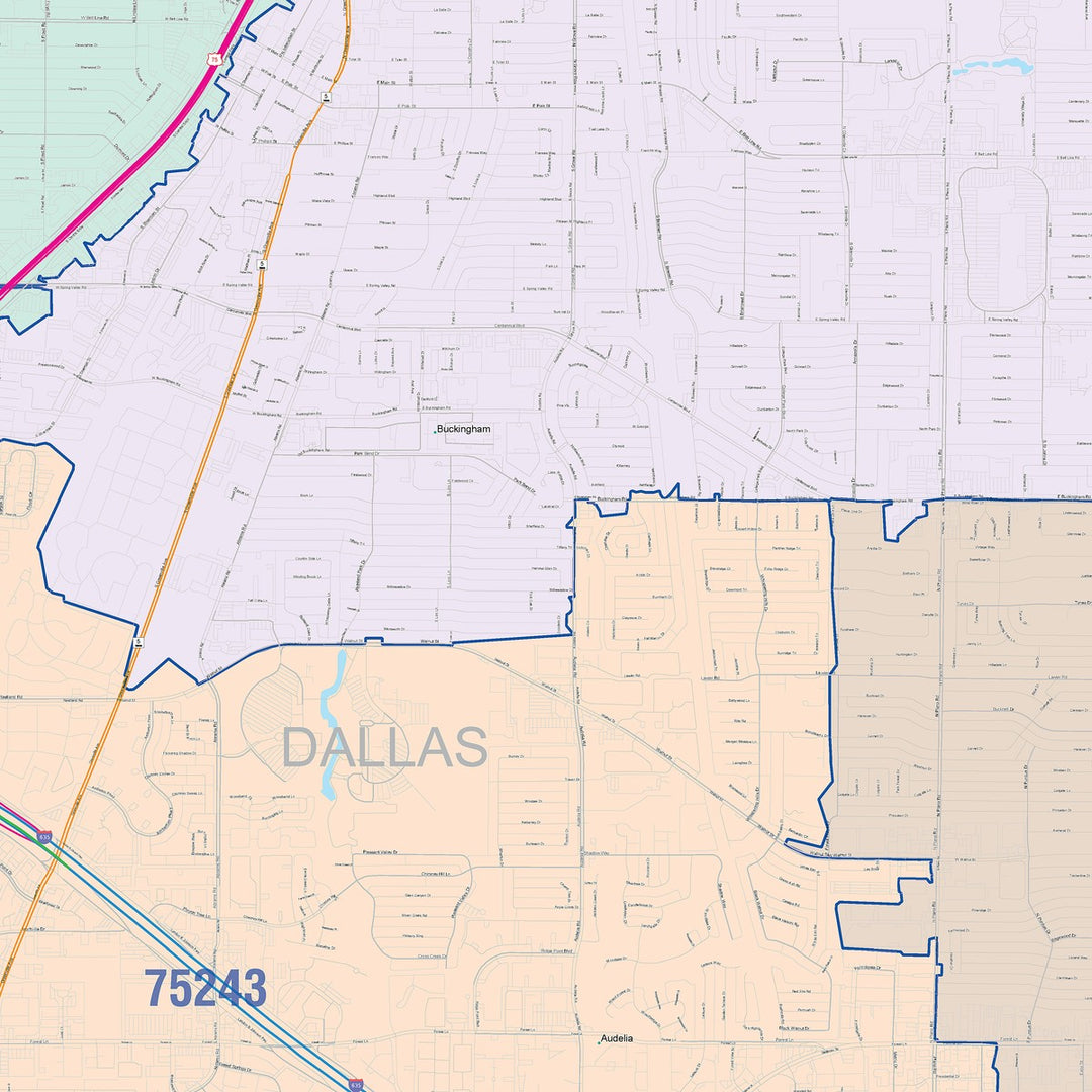 Color Cast Zip Code Style Wall Map of Richardson, TX