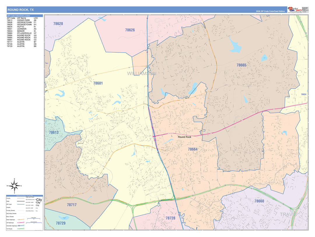 Color Cast Zip Code Style Wall Map of Round Rock, TX