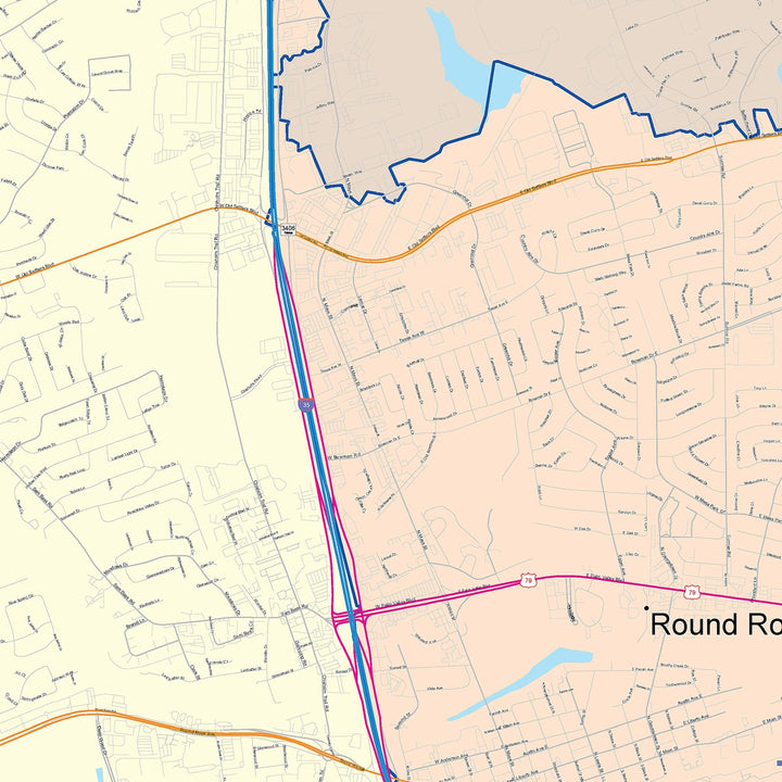 Color Cast Zip Code Style Wall Map of Round Rock, TX