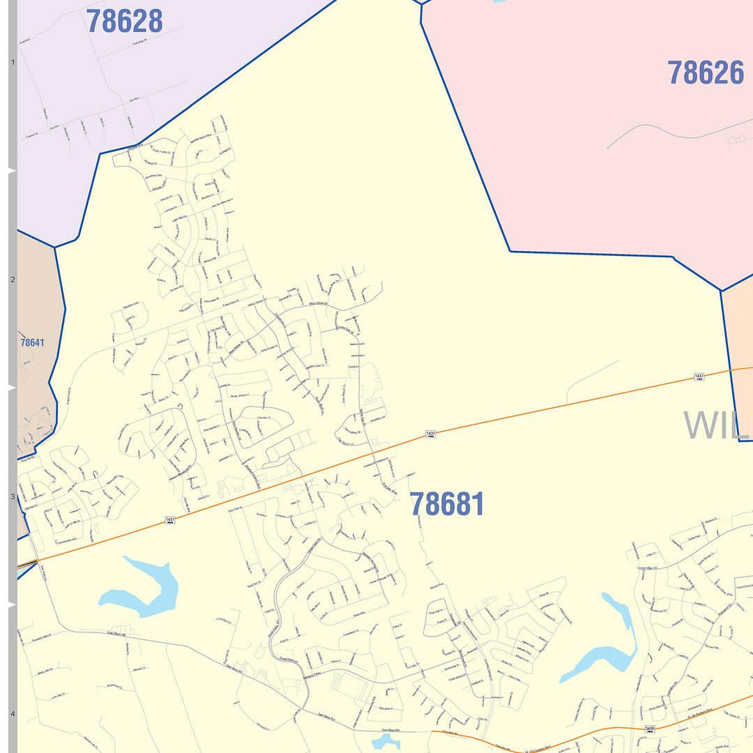 Color Cast Zip Code Style Wall Map of Round Rock, TX