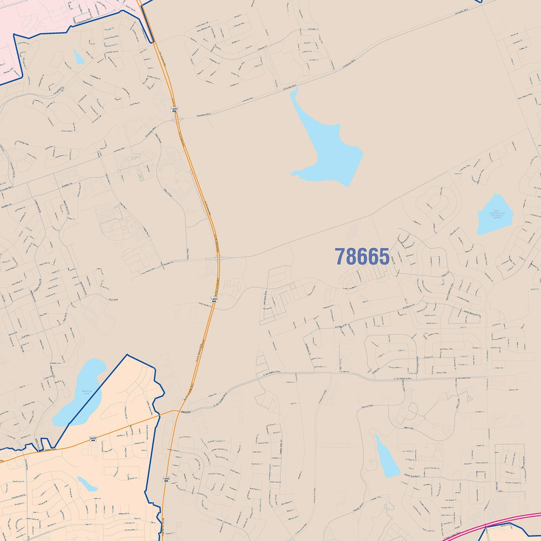 Color Cast Zip Code Style Wall Map of Round Rock, TX