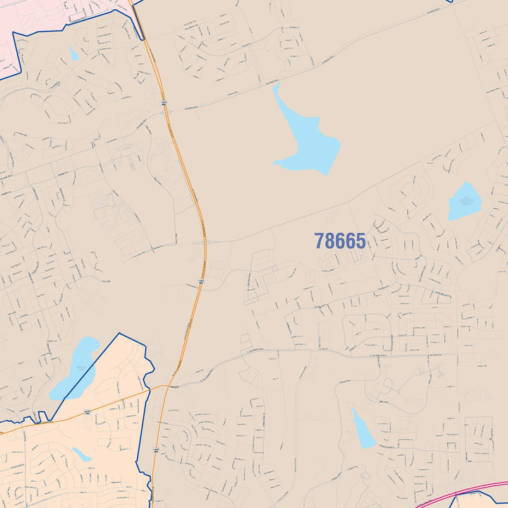 Color Cast Zip Code Style Wall Map of Round Rock, TX