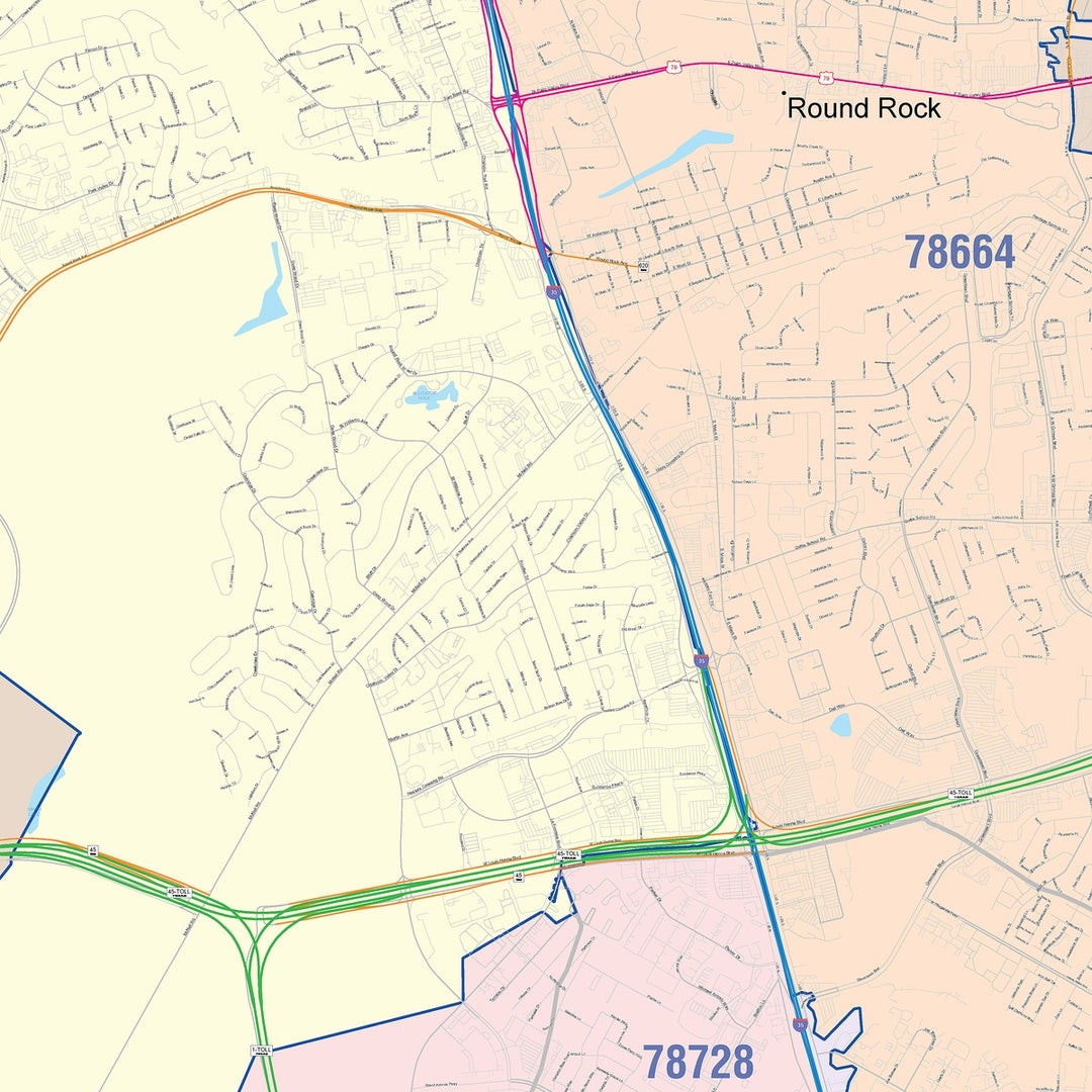 Color Cast Zip Code Style Wall Map of Round Rock, TX