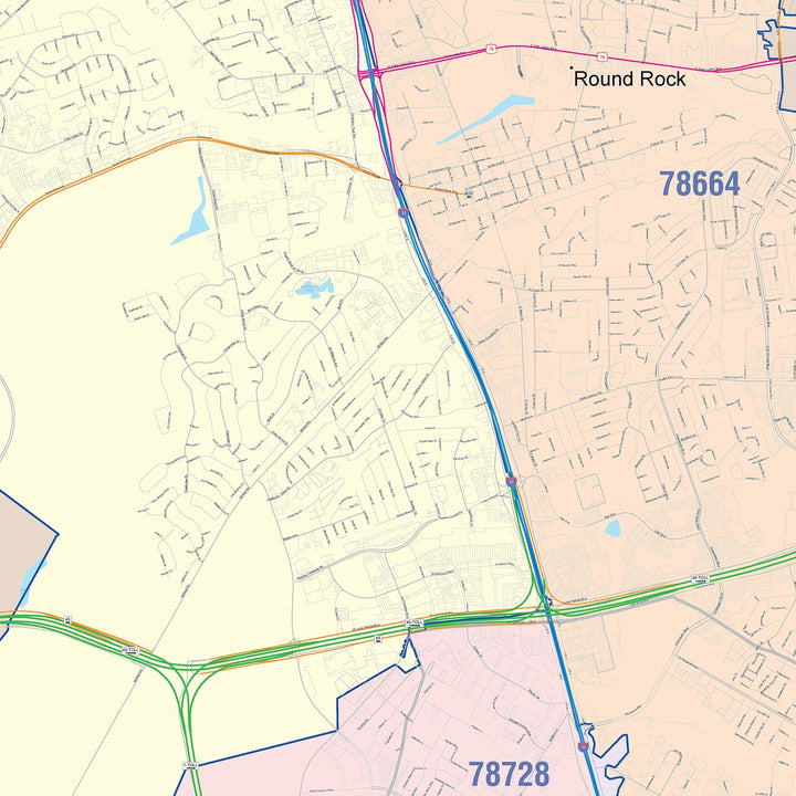 Color Cast Zip Code Style Wall Map of Round Rock, TX