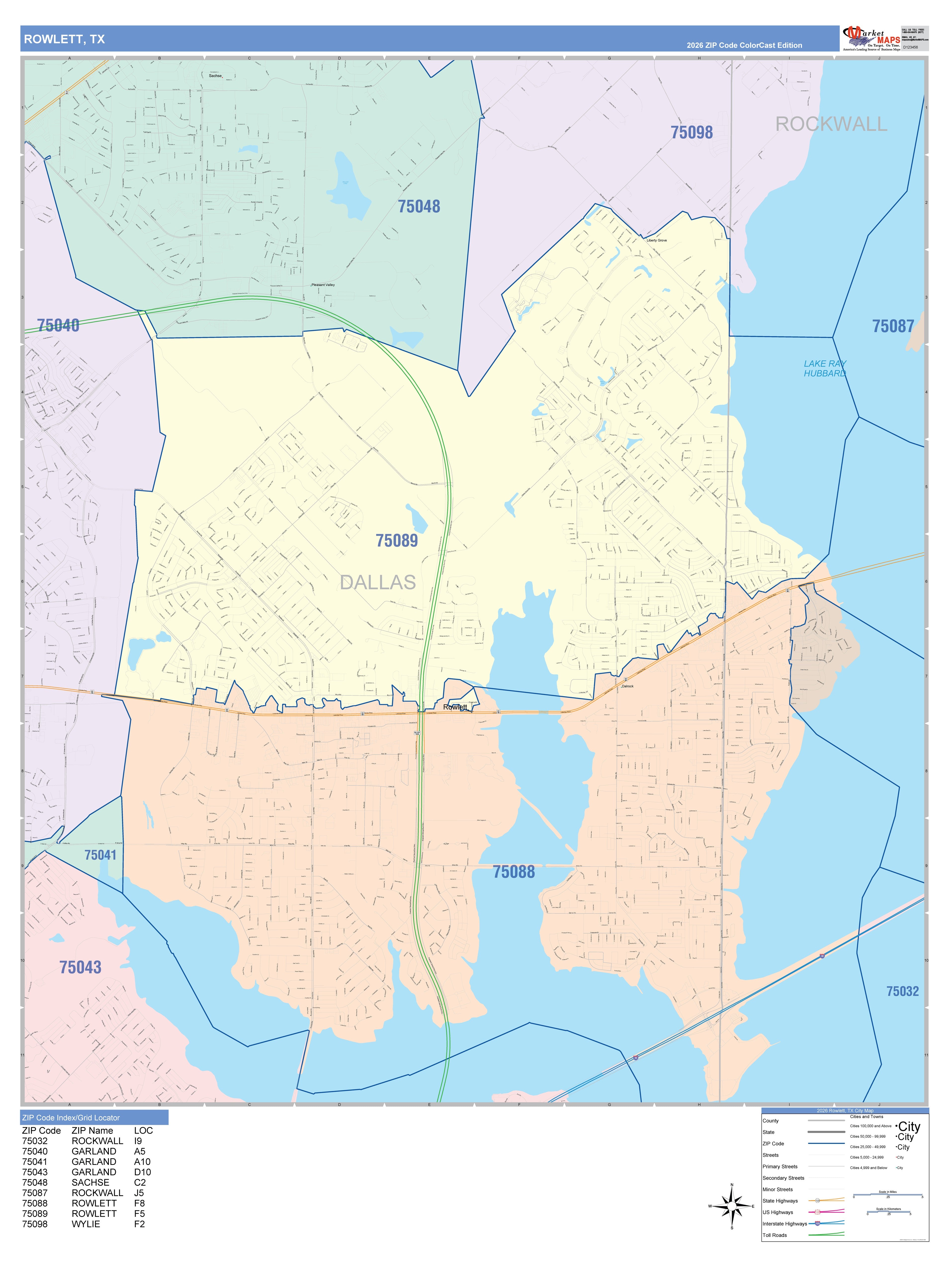 Color Cast Zip Code Style Wall Map of Rowlett, TX – American Map Store