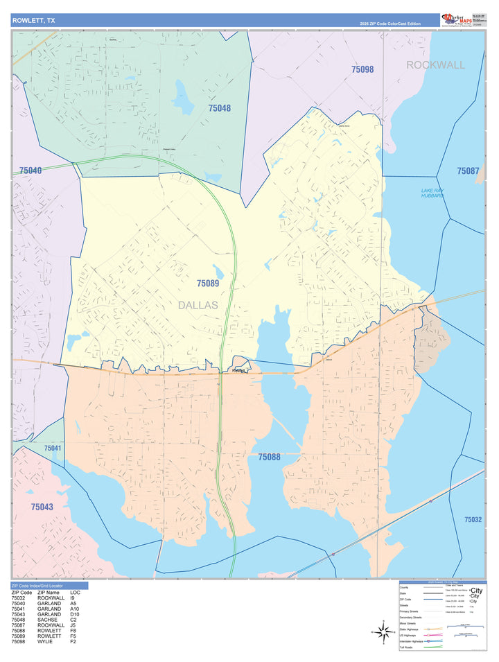 Color Cast Zip Code Style Wall Map of Rowlett, TX