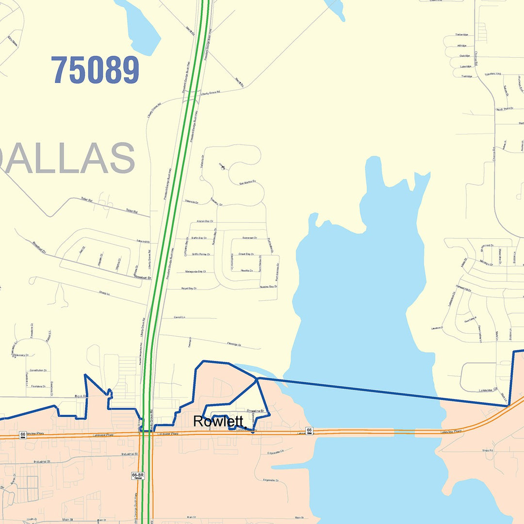 Color Cast Zip Code Style Wall Map of Rowlett, TX