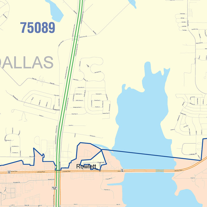 Color Cast Zip Code Style Wall Map of Rowlett, TX